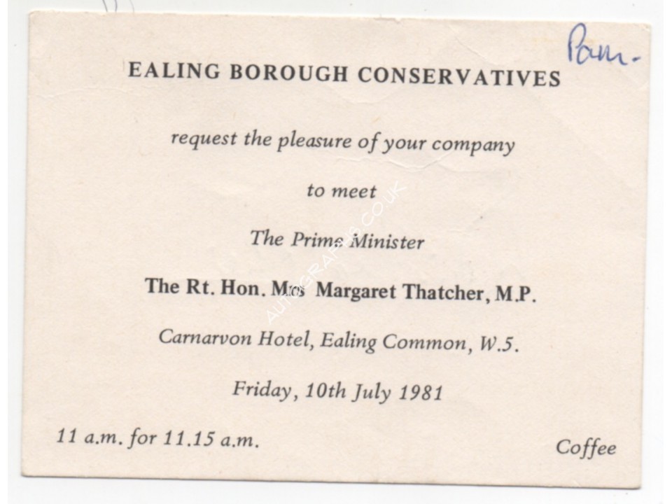 Dennis Thatcher Margaret genuine authentic signed autograph invitation card. COA UACC