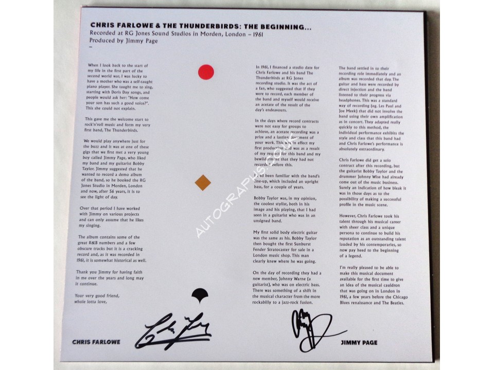 Chris Farlow Jimmy Page genuine authentic autograph signature signed album. COA UACC