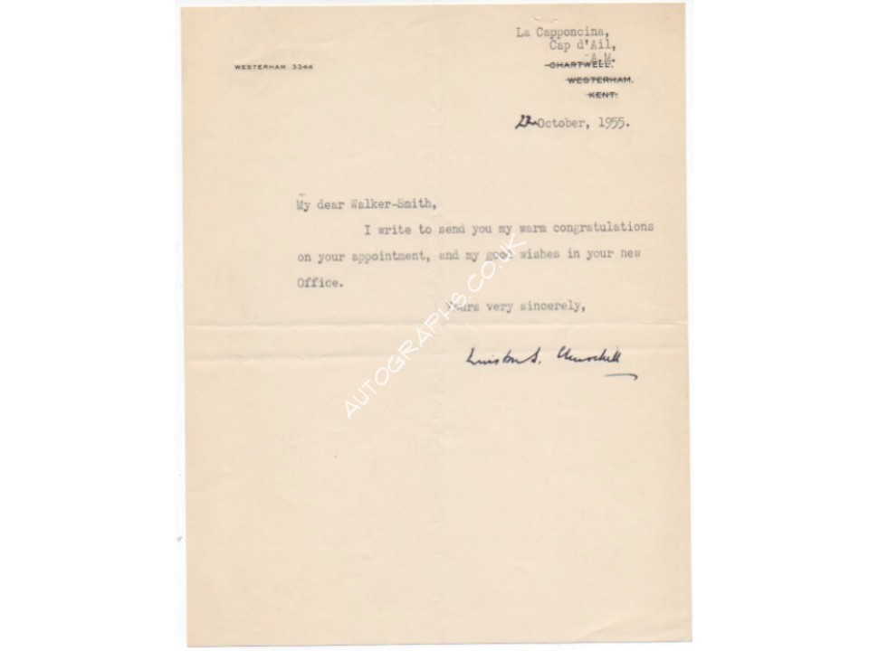 Winston Churchill signed authentic genuine signature letter. COA UACC