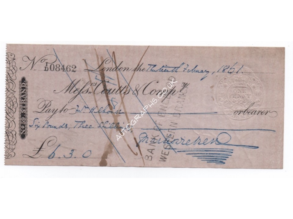 Charles Dickens signed authentic genuine signature cheque check. COA UACC