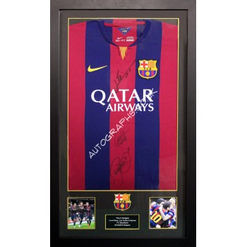 Lionel Messi, Neymar, Luis Suaraz authentic signed genuine signature shirt display. COA UACC