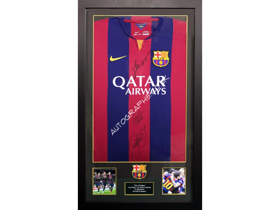 Lionel Messi, Neymar, Luis Suaraz authentic signed genuine signature shirt display. COA UACC