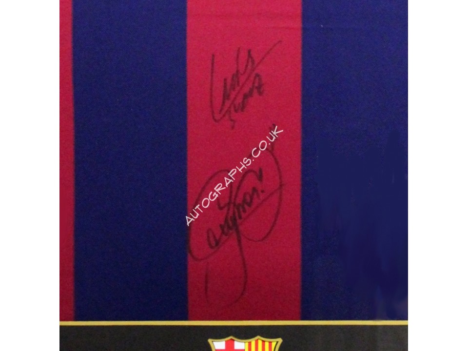 Lionel Messi, Neymar, Luis Suaraz authentic signed genuine signature shirt display. COA UACC