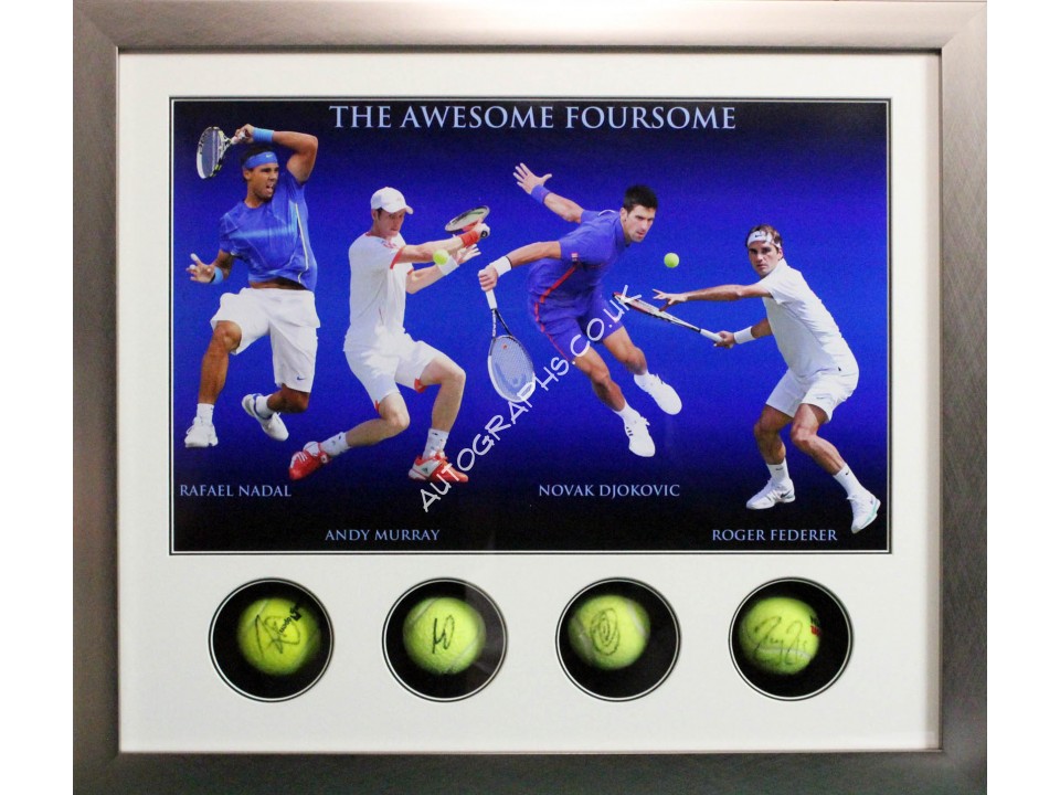 Andy Murray, Federer, Nadal, Djokovic signed genuine authentic tennis ball display. COA UACC