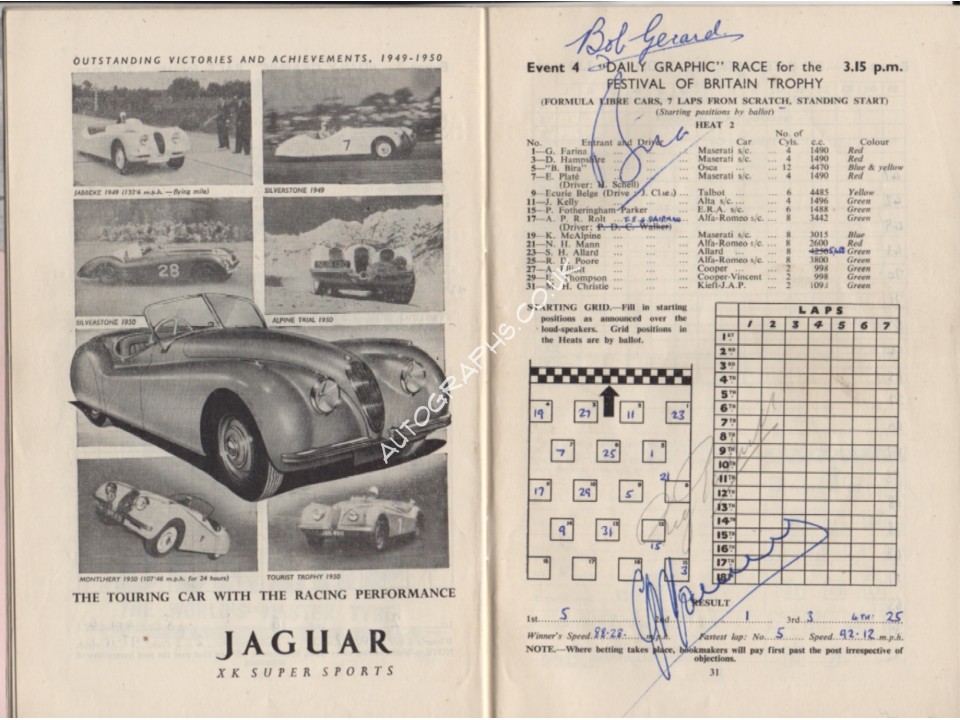 Guiseppe Farina Prince Bira genuine authentic original signed programe. COA UACC
