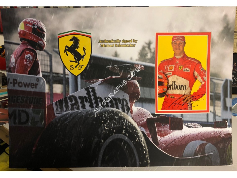 Michael Schumacher F1 Ferrari signed genuine signature photo display. COA UACC