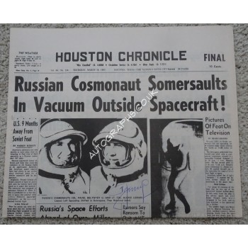 Alexei Leonov First Space Walk authentic signed Genuine signature newspaper. COA UACC