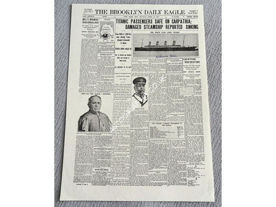 RMS Titanic Millvina Dean Repro newspaper page authentic genuine signed. COA UACC