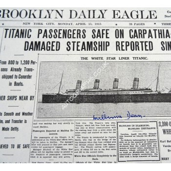 RMS Titanic Millvina Dean Repro newspaper page authentic genuine signed. COA UACC