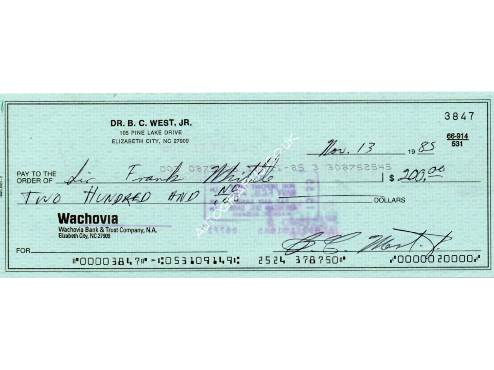 WW2 Frank Whittle Jet Engine genuine authentic signed autograph cheque. COA UACC