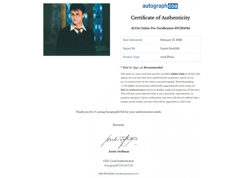 Daniel Radcliffe genuine authentic signed autographs. COA UACC