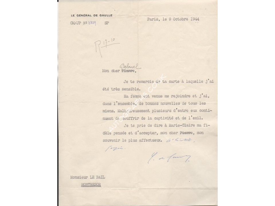 Charles De Gaulle signed authentic genuine signature letter. COA UACC
