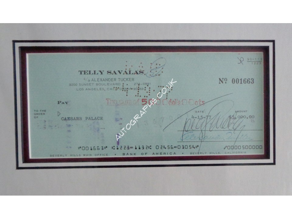 Telly Savalas James Bond authentic signed autograph cheque display. COA UACC Telly Savalas James Bond authentic signed autograph cheque display. COA UACC