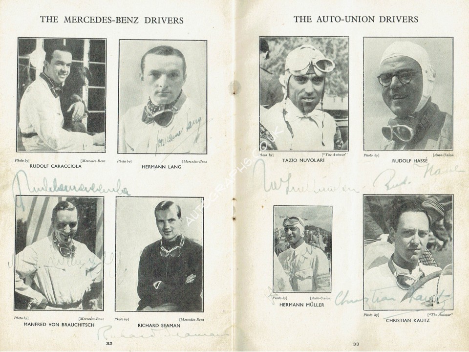 Donington 1938 Signed Programme. Nuvolari, Seamon, Lang and others.