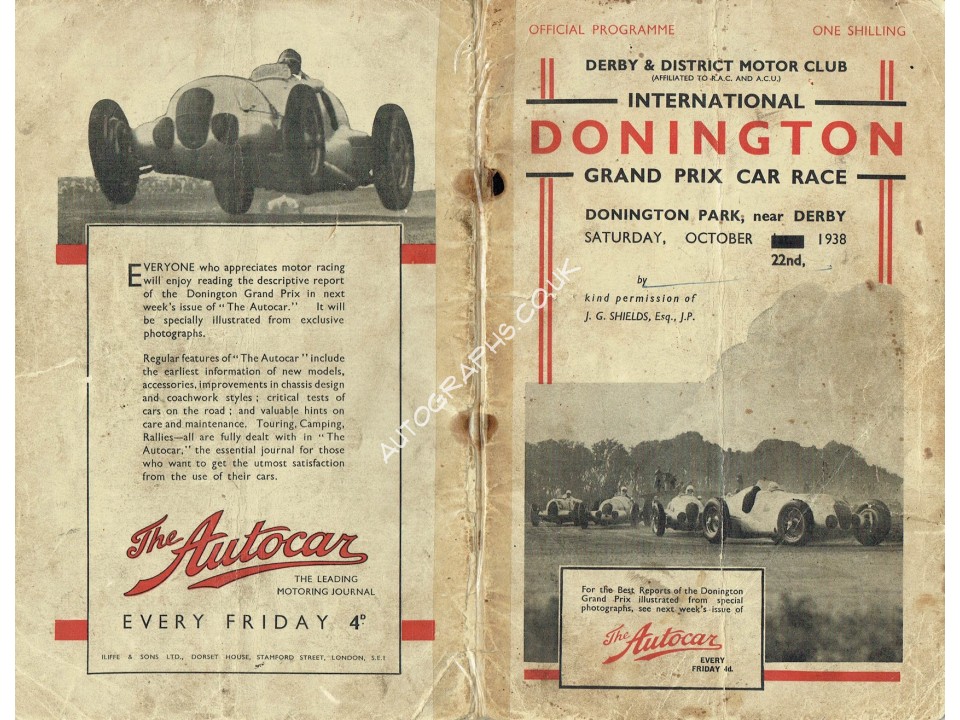 Donington 1938 Signed Programme. Nuvolari, Seamon, Lang and others.