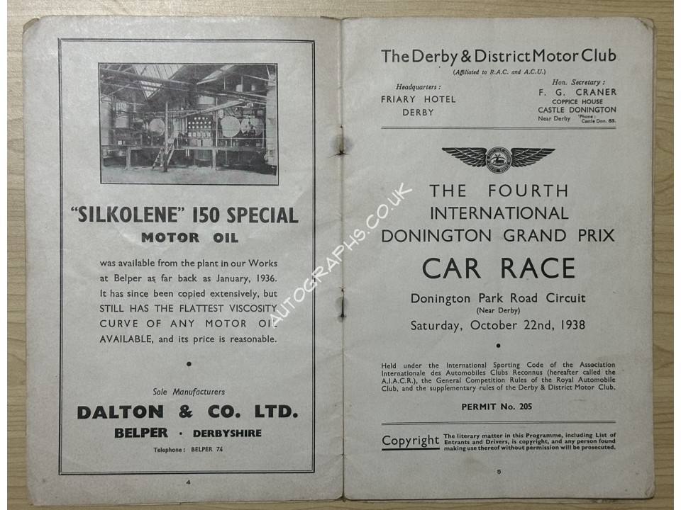 Donington 1938 Signed Programme. Nuvolari, Seamon, Lang and others.