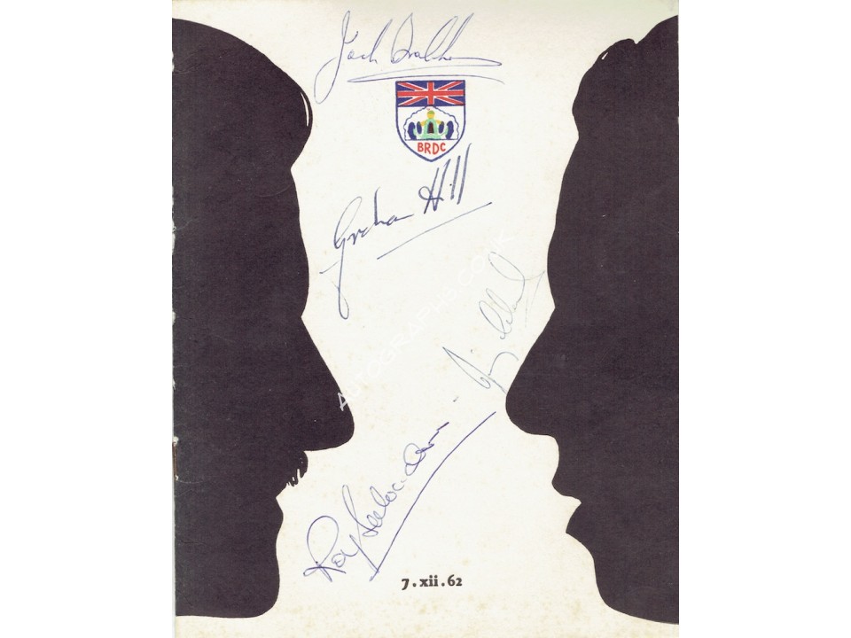 Clark, Hill, Brabham, Salvadori genuine authentic signed autograph signatures. COA UACC