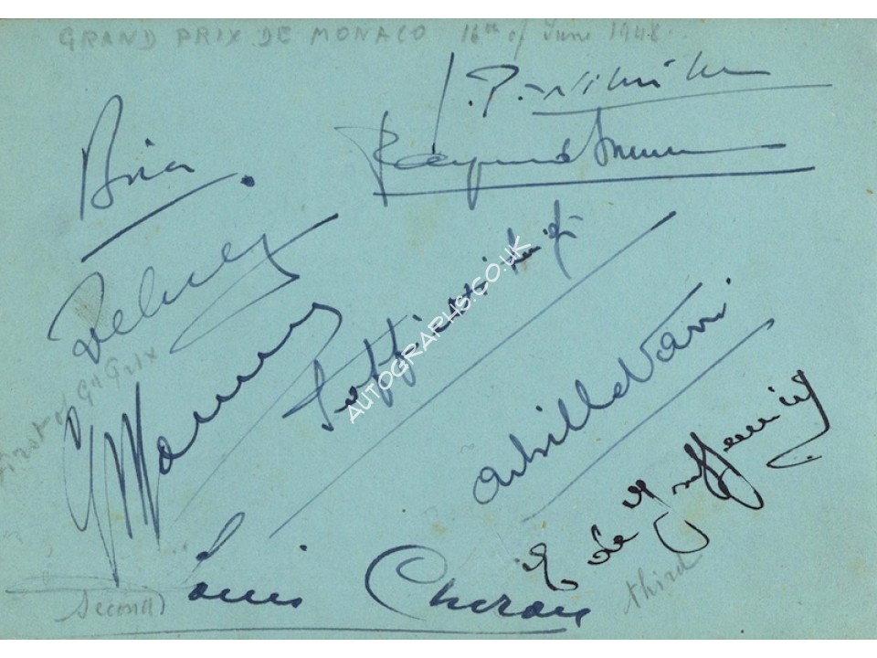 Varzi, Sommer, Farina, Wimille authentic signed autograph signatures. COA UACC Varzi, Sommer, Farina, Wimille authentic signed autograph signatures. COA UACC