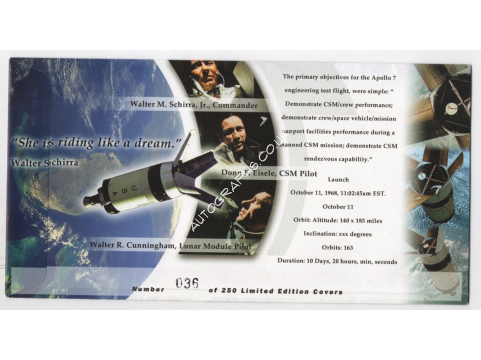 Walt Cunningham Apollo 7 genuine signed authentic signature FDC. COA UACC