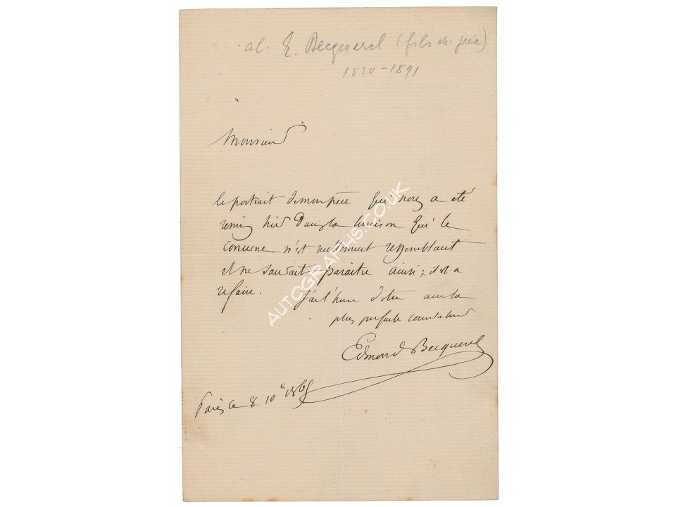 Edmond Becquerel original authentic genuine autograph signed letter. COA UACC