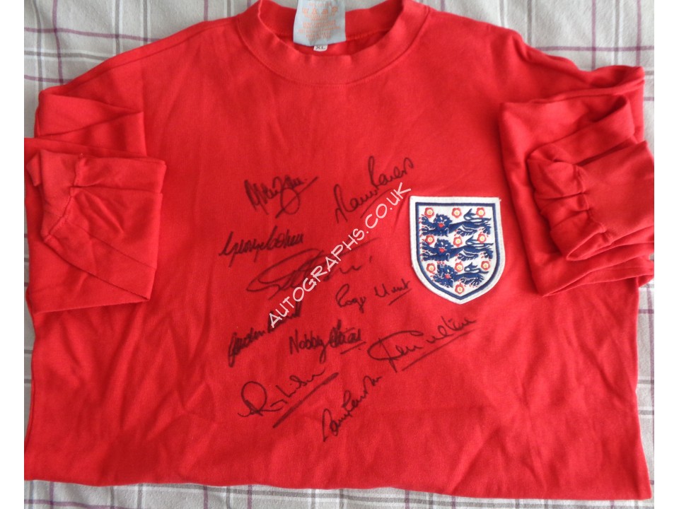 WC1966 Hurst Peters Charlton etc x 10 signed authentic signature autograph shirt. COA UACC