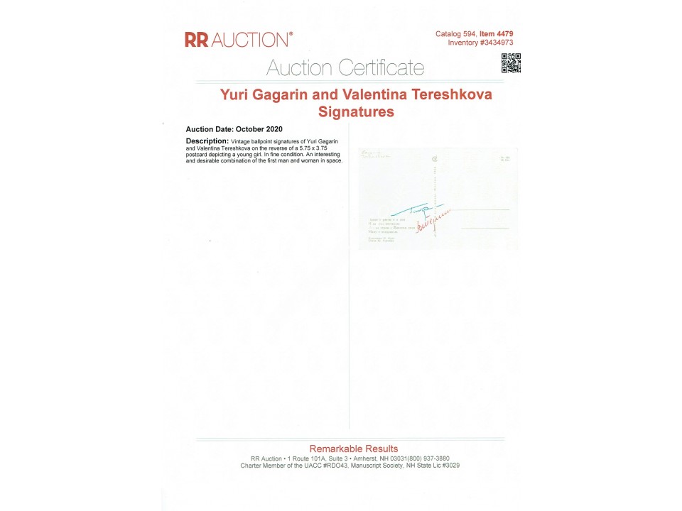 Yuri Gagarin and Valentina Tereshkova genuine signed postcard. COA UACC Yuri Gagarin and Valentina Tereshkova genuine signed postcard. COA UACC