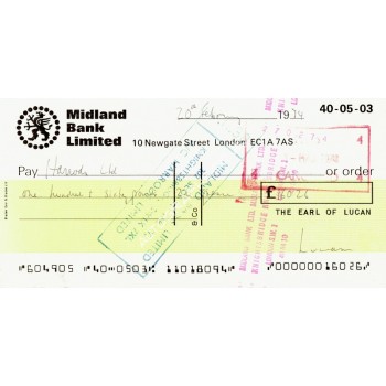 Lord Lucan genuine Signed Cheque. COA UACC Lord Lucan genuine Signed Cheque. COA UACC