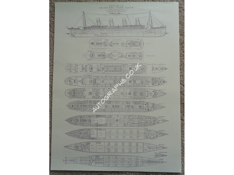 RMS Titanic Millvina Dean signed Repro deck plan authentic genuine signature. COA UACC RMS Titanic Millvina Dean signed Repro deck plan authentic genuine signature. COA UACC