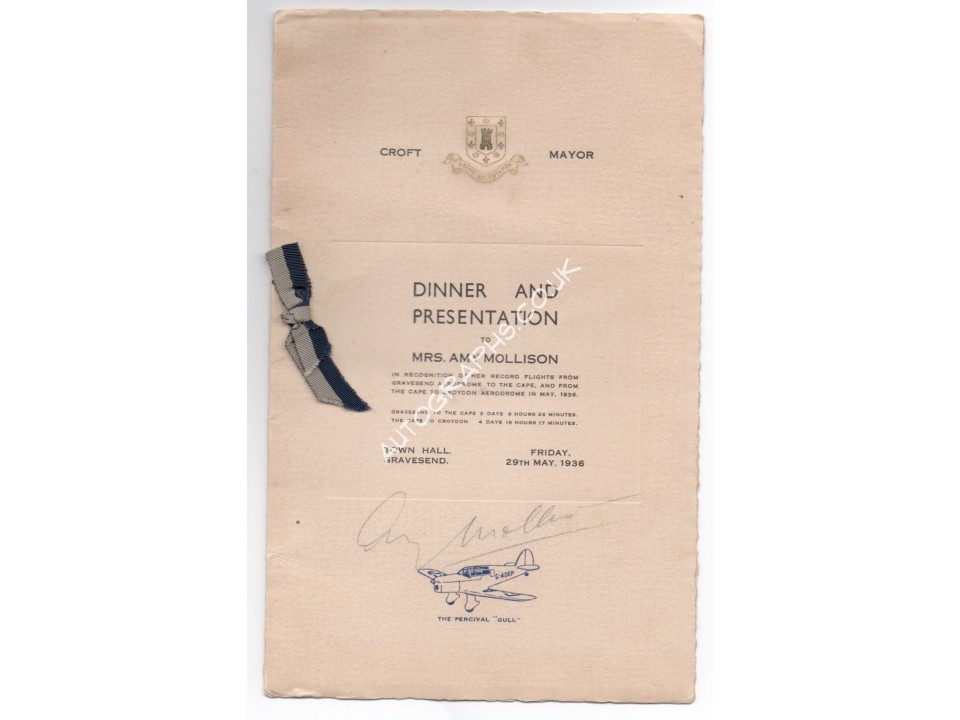 Amy Mollison Johnson signed genuine signature autograph menu. COA UACC