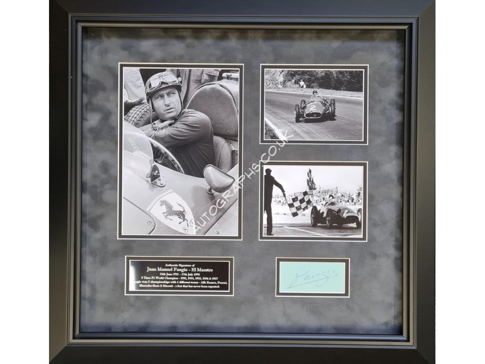 Juan Manuel Fangio F1 Ferrari Maserati Mercedes genuine authentic signed display. COA UACC