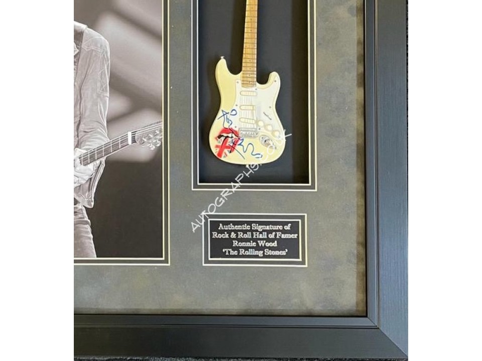 Ronnie Wood Rolling Stones genuine authentic autograph guitar signed display. COA UACC
