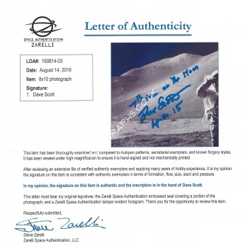 Dave Scott Apollo 15 Signed 8x10 Photo. COA UACC