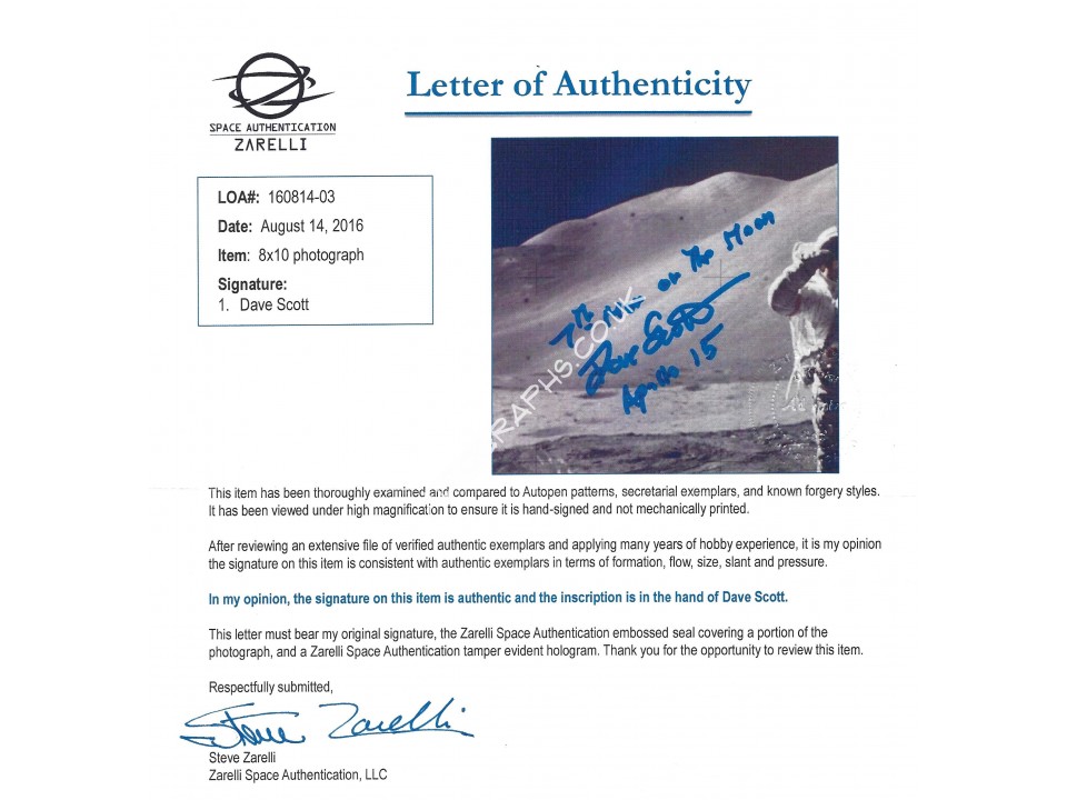 Dave Scott Apollo 15 Signed 8x10 Photo. COA UACC Dave Scott Apollo 15 Signed 8x10 Photo. COA UACC
