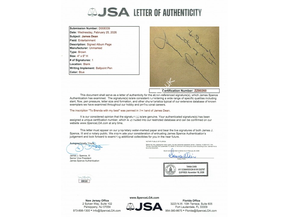 James Dean Signed Album Page