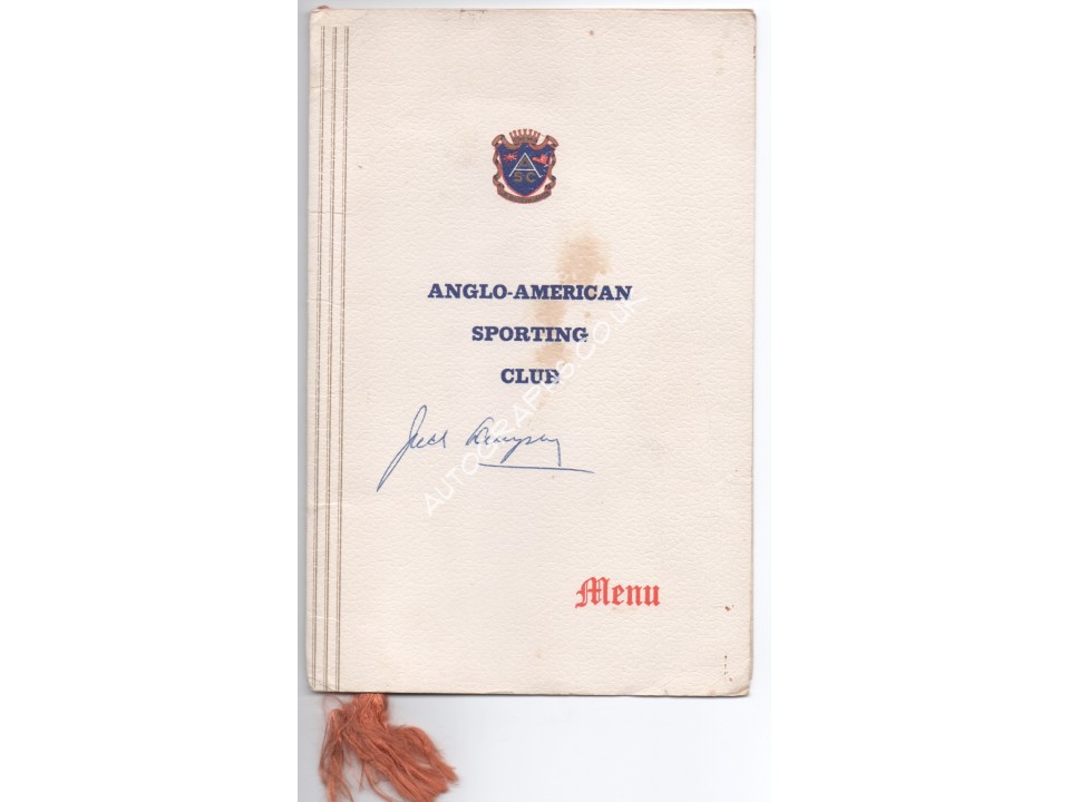 Jack Dempsey Boxing authentic genuine signed autograph menu. COA UACC Jack Dempsey Boxing authentic genuine signed autograph menu. COA UACC