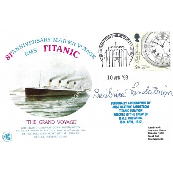 Beatrice Sandstrom Signed Titanic Postal Cover. COA UACC