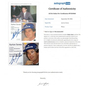 Ayrton Senna Signed Sponsor Card. COA UACC