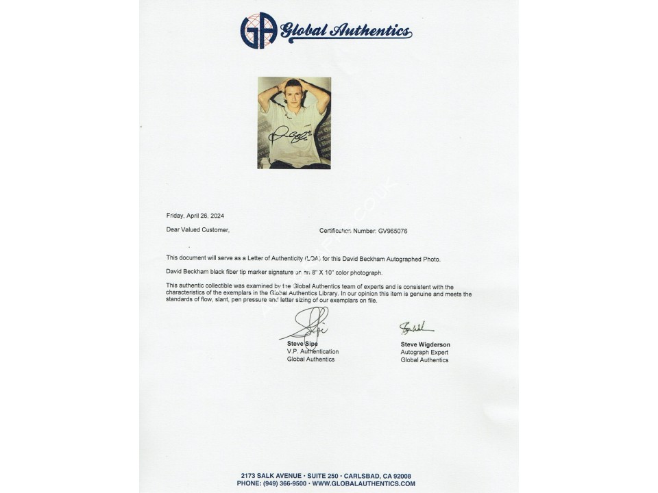 David Beckham Signed Photograph. COA UACC