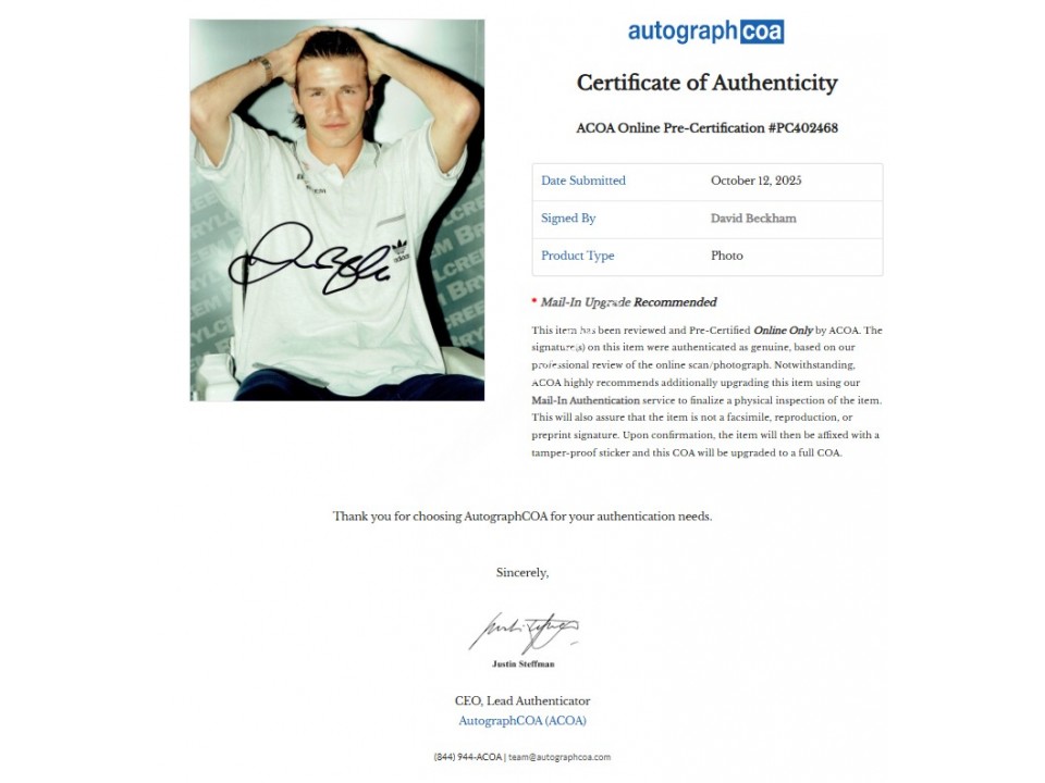 David Beckham Signed Photograph. COA UACC