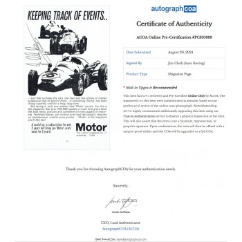 Jim Clark signed Page. COA UACC