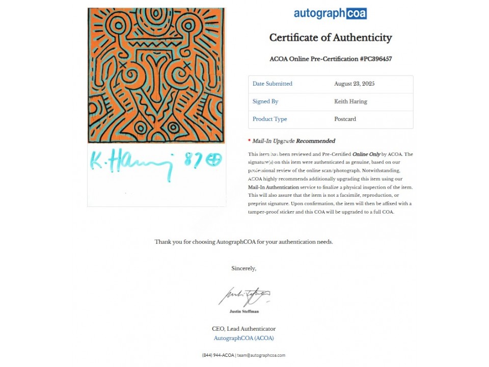 Keith Haring Signed Postcard. Pre Certified ACOA