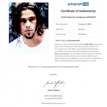 Brad Pitt Signed Photograph. COA UACC