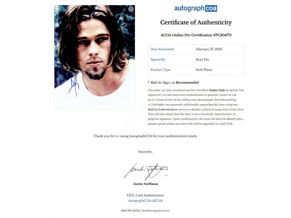 Brad Pitt Signed Photograph. COA UACC Brad Pitt Signed Photograph. COA UACC