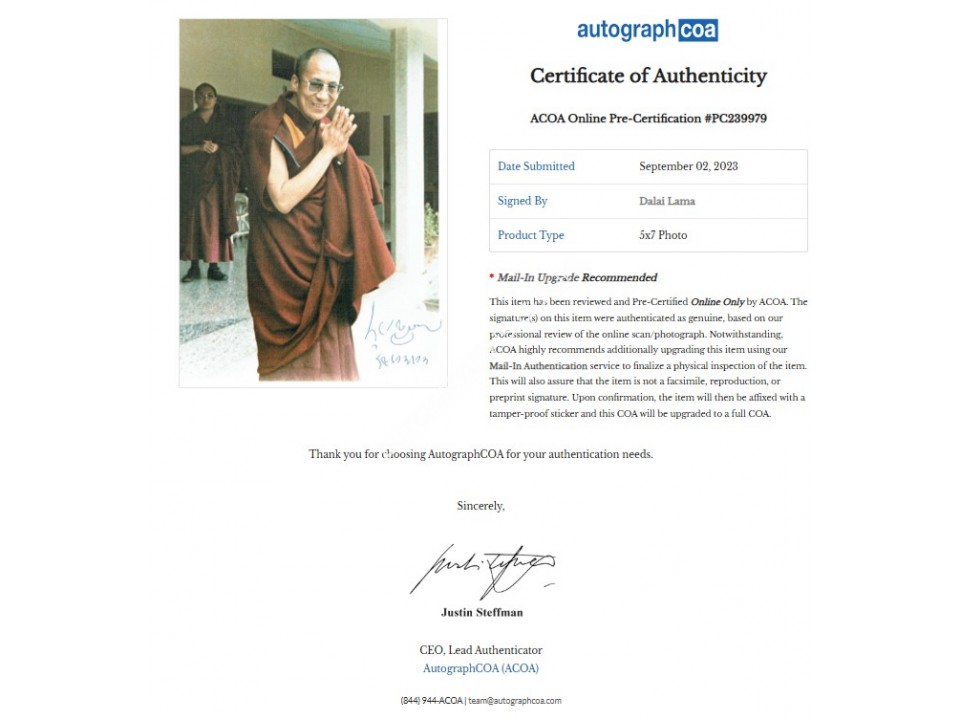 Dalai Lama Signed Photograph. COA UACC
