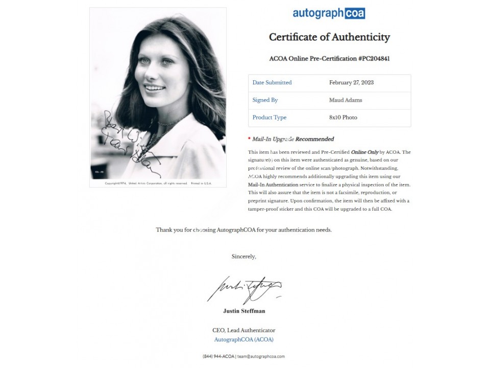 Maud Adams Signed Photograph. COA UACC