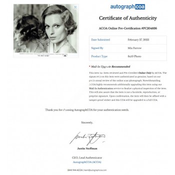 Mia Farrow Signed Photograph. COA UACC