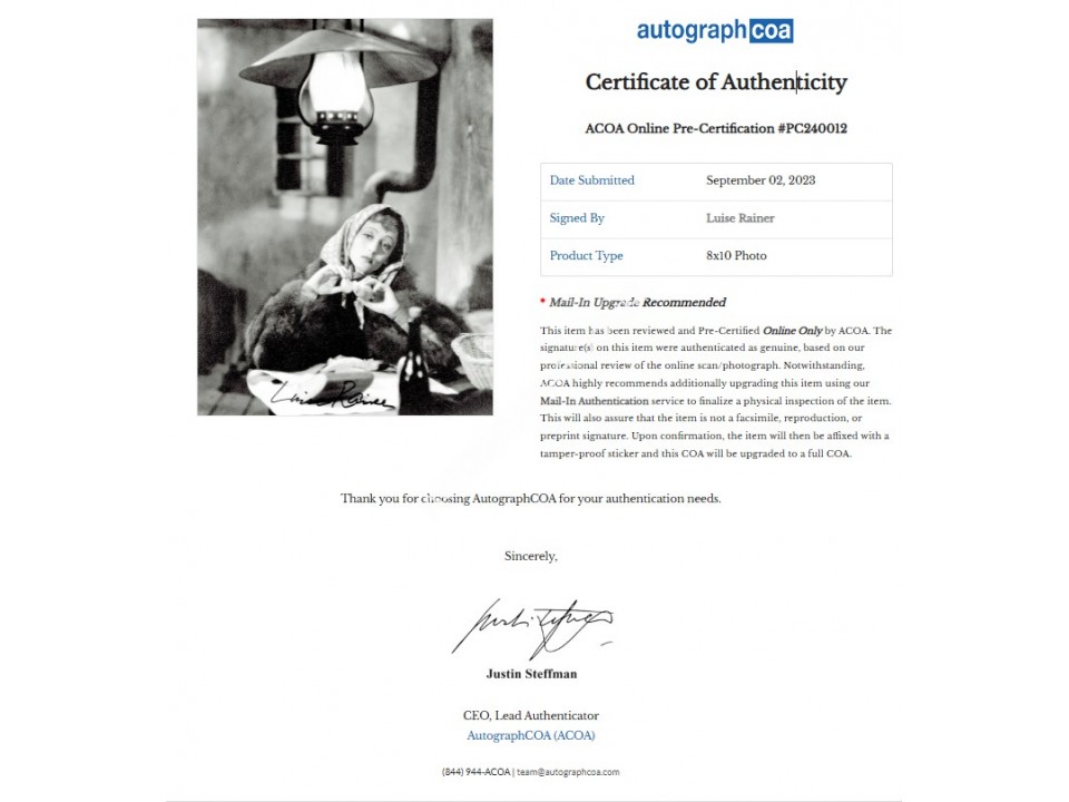 Luise Rainer Signed Photograph. COA UACC