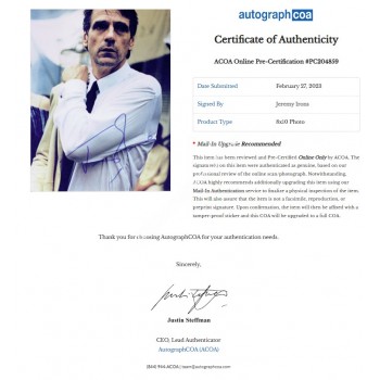 Jeremy Irons Signed Photograph. COA UACC