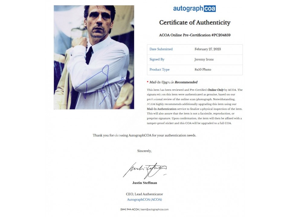 Jeremy Irons Signed Photograph. COA UACC