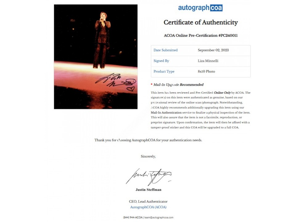 Liza Minnelli Signed Photograph. COA UACC